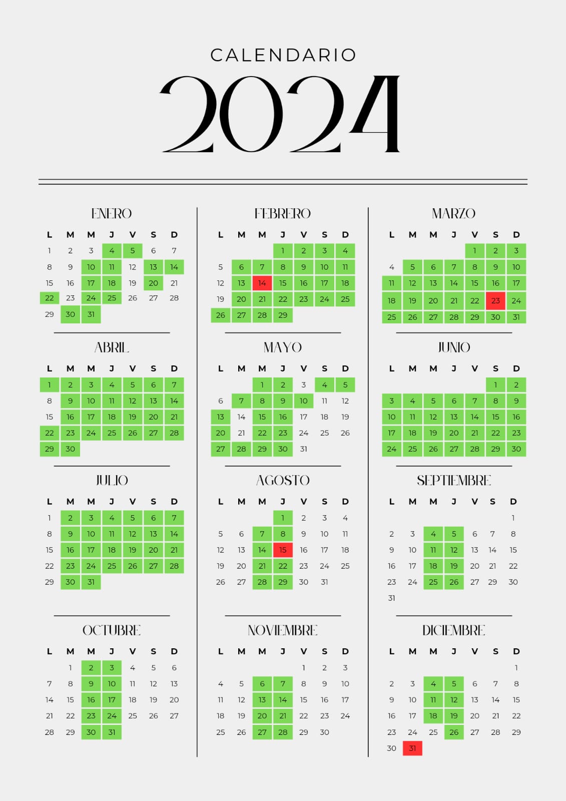 Calendario anual Noche Tica 2024